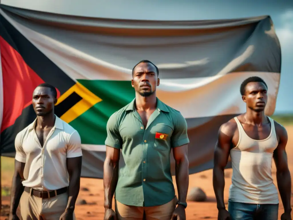 Héroes de la Independencia Mozambique desafiantes ante la bandera, expresando unidad y determinación en tiempos de opresión