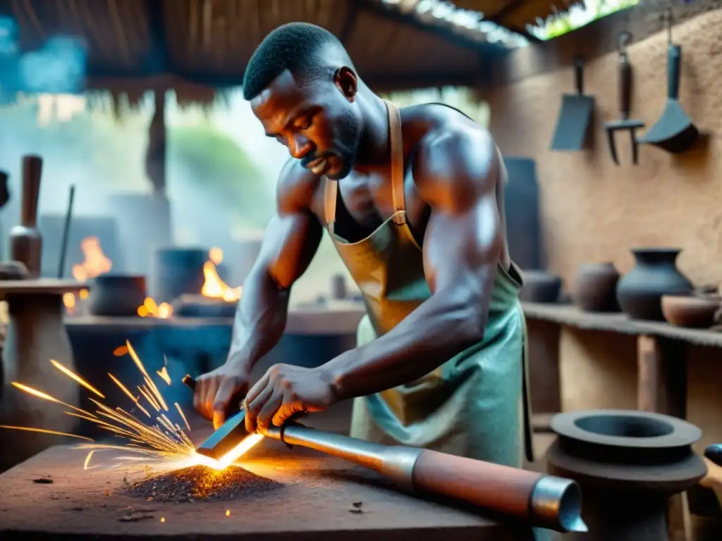 Un hábil herrero africano forja herramientas tradicionales con destreza en su taller, inmerso en la rica artesanía africana