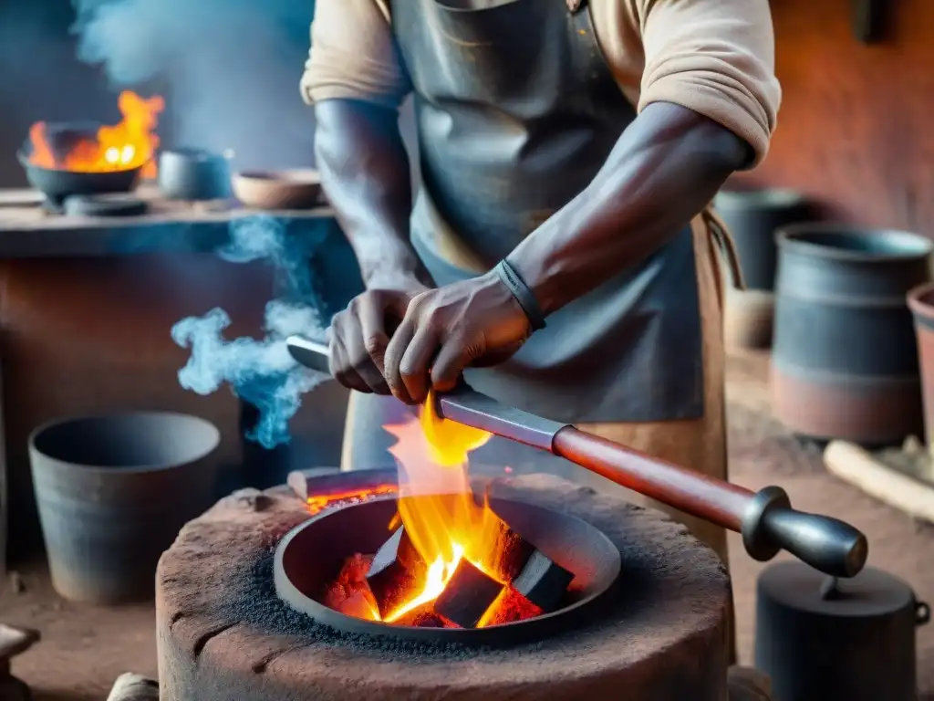 Un hábil herrero africano forja herramientas tradicionales sobre fuego en forja al aire libre, destacando la artesanía africana