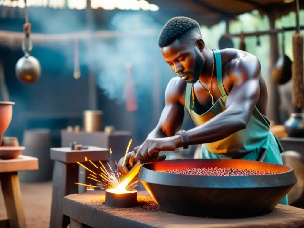 Un herrero africano experto forjando hierro en un bullicioso mercado lleno de creaciones metálicas coloridas