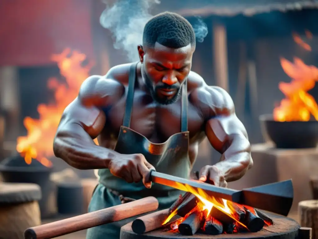 Un herrero africano forja con intensidad bajo el fuego, resaltando el simbolismo del arte africano