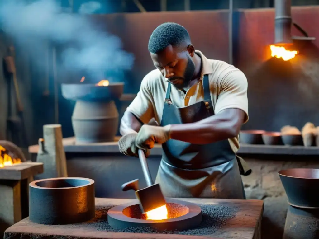 Un herrero africano moldeando metal con maestría en su fragua rústica, evocando la metalurgia africana y la revolución industrial europea