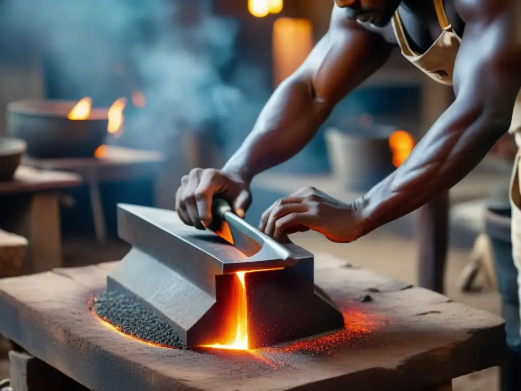 Un herrero africano forja metales con maestría en una fragua, mostrando la historia global de la forja africana