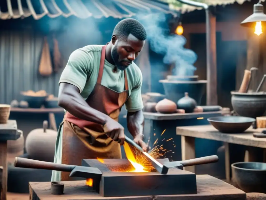 Un herrero tradicional de África Occidental forja metal en un mercado bullicioso, destacando la historia de la metalurgia en la región