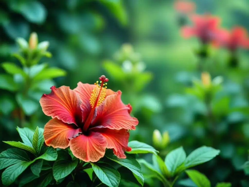 Un Hibisco africano en floración con pétalos rojos vibrantes y hojas verdes, evocando frescura y vitalidad en un jardín exuberante