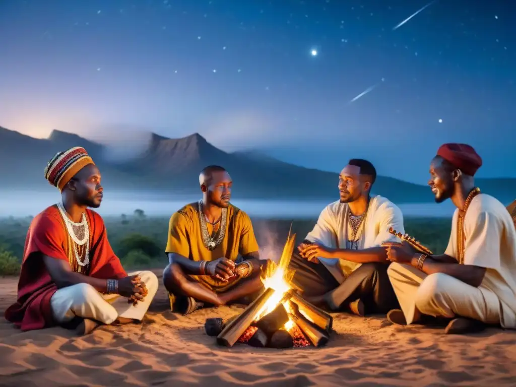 Historia de los griots africanos reunidos alrededor de una fogata bajo un cielo estrellado, contando historias y tocando instrumentos musicales