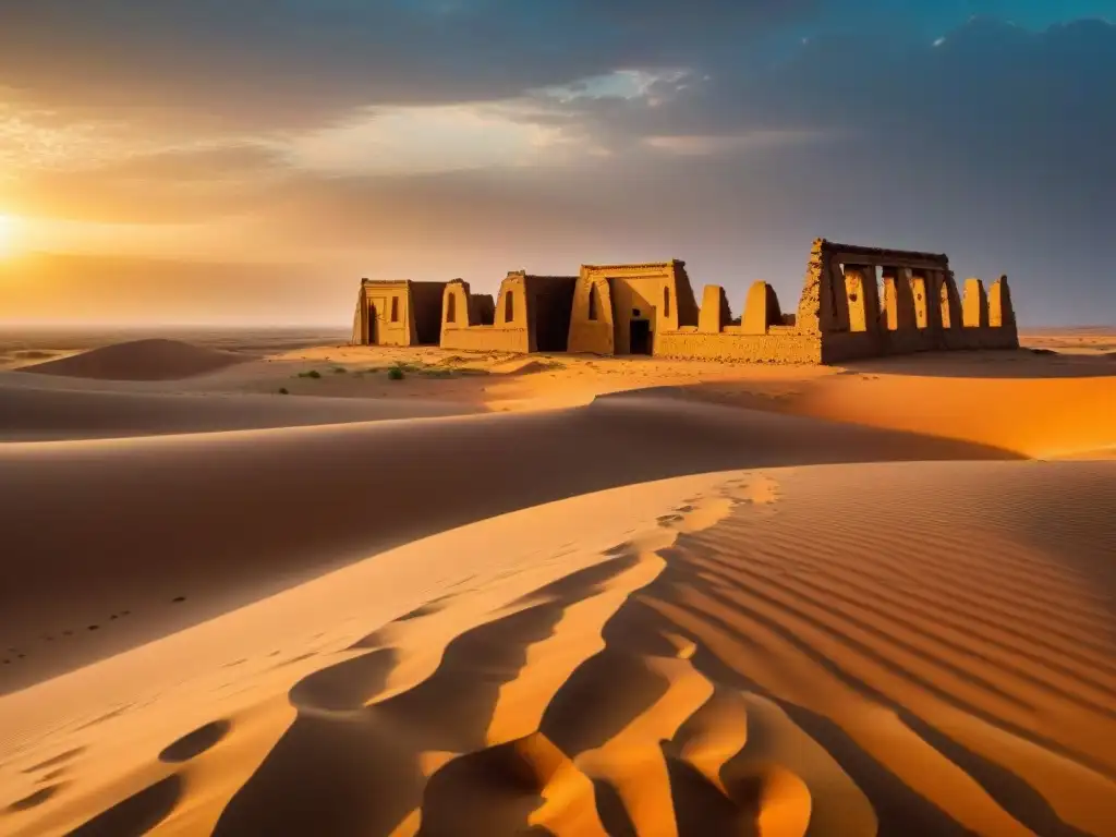 Historia de las civilizaciones africanas en Mauritania: ruinas antiguas de Chinguetti al atardecer en el desierto dorado