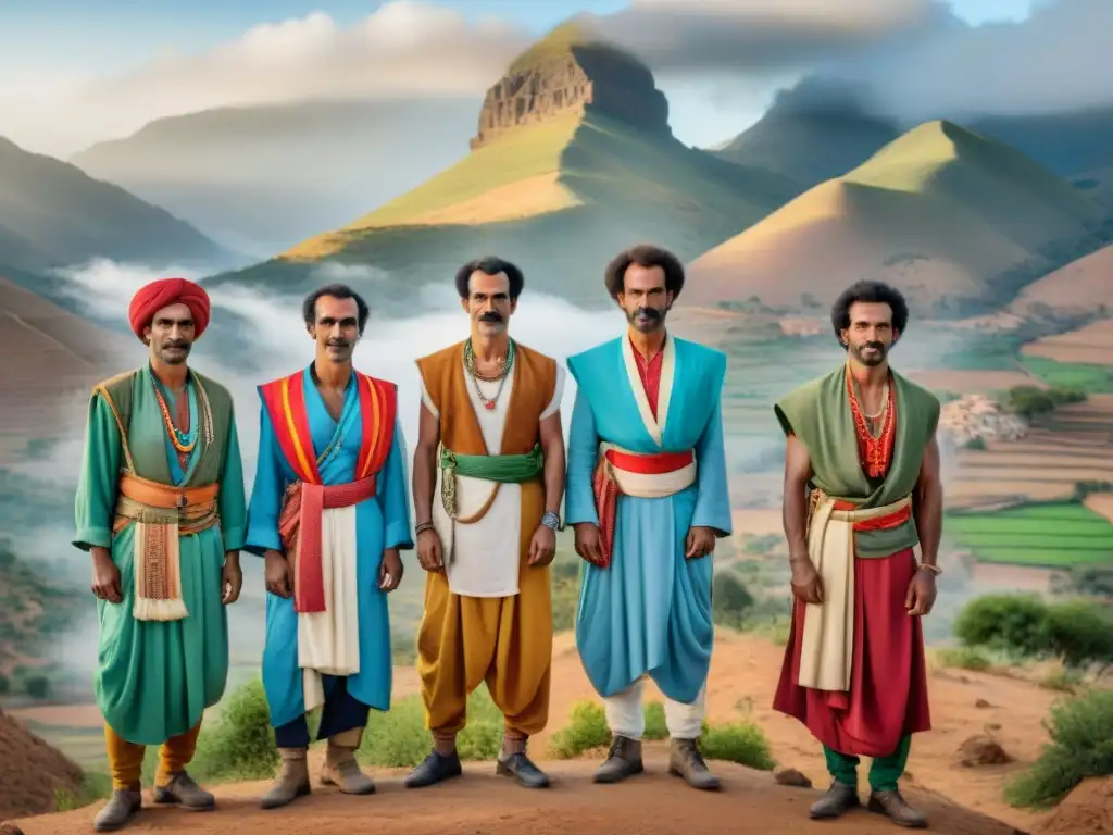 Eritrean freedom fighters celebran la Autodeterminación en la historia eritrea, vistiendo coloridas prendas tradicionales y armas desgastadas en una aldea remota entre montañas escarpadas