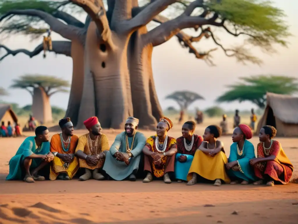 Griots en África preservando historias con pasión bajo un baobab al atardecer