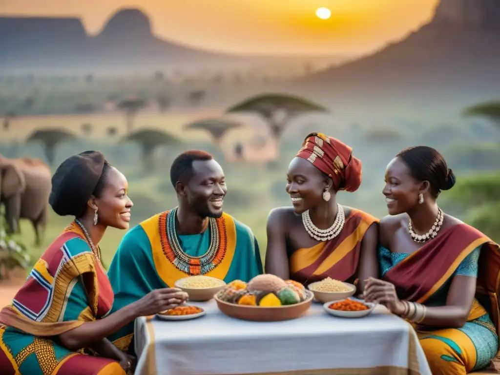 Un hogar africano reunido alrededor de una mesa decorada, compartiendo comida y cultura