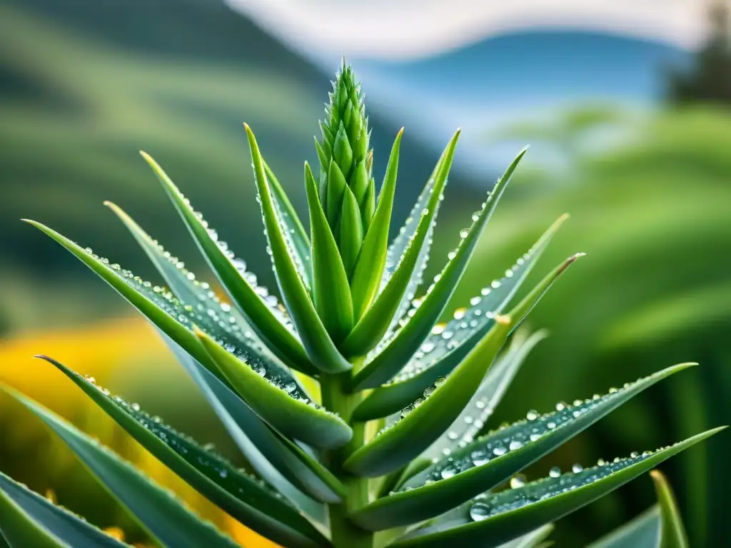 La hoja de sábila resplandece con rocío, revelando sus beneficios para piel en un entorno natural