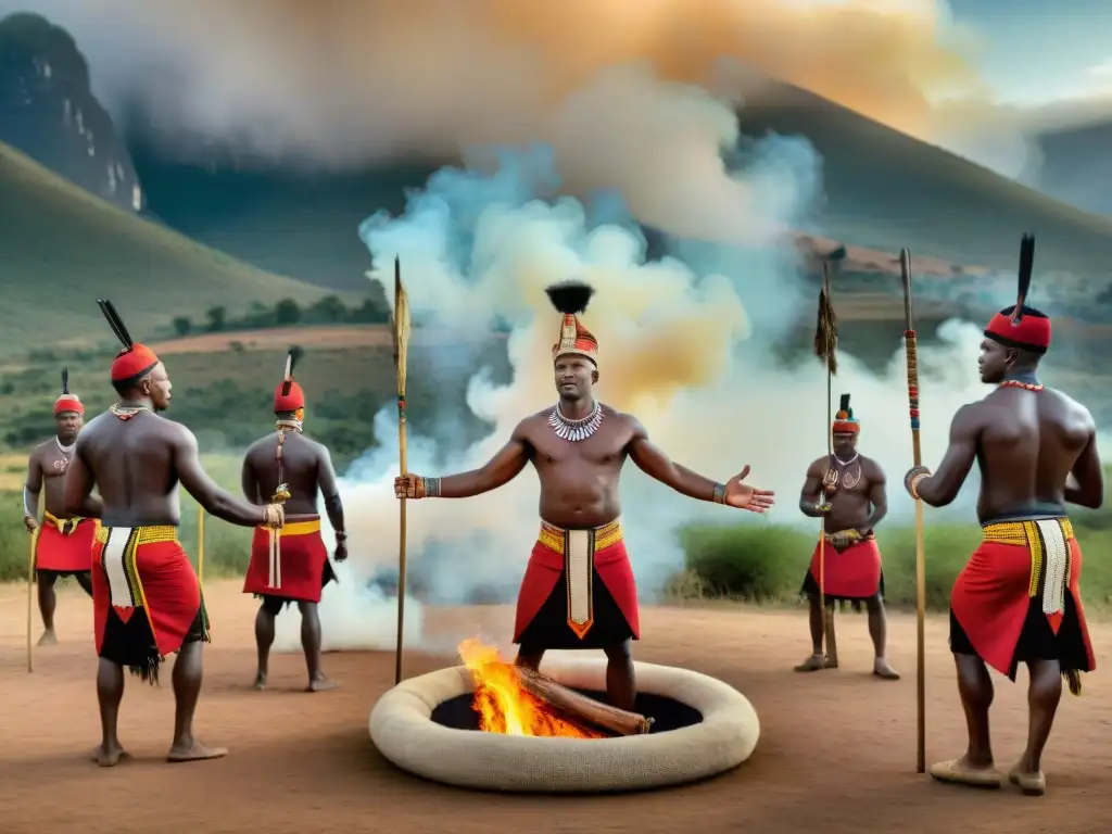 Hombres danzando alrededor del fuego en una vibrante ceremonia de las Naciones Nguni en África