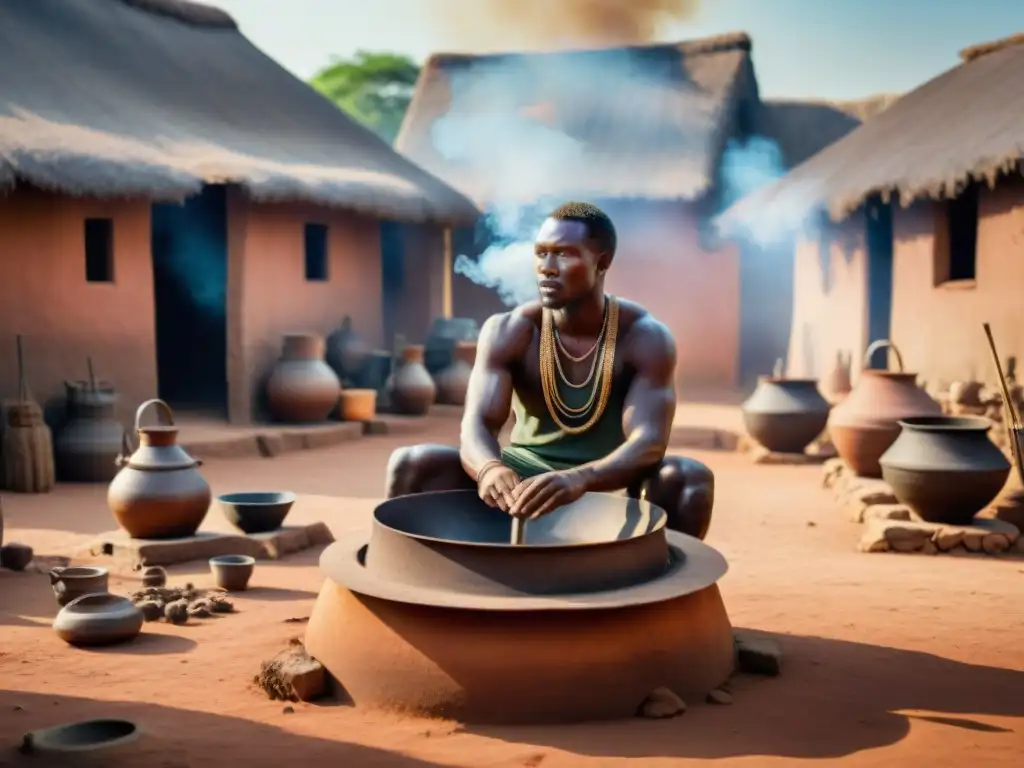 Horno de fundición precolonial en África, escena vibrante de artesanía y tecnología