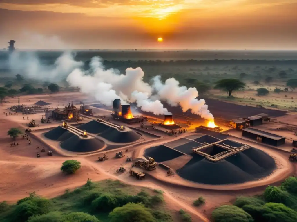 Hornos de fundición precoloniales en África: paisaje africano con antiguos hornos, trabajadores y humo, bajo el sol dorado