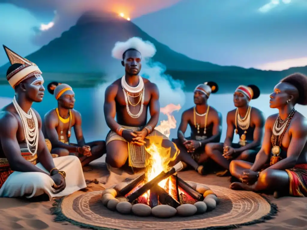 Interacción entre humanos y espíritus en un ritual de folklore africano bajo el cielo estrellado