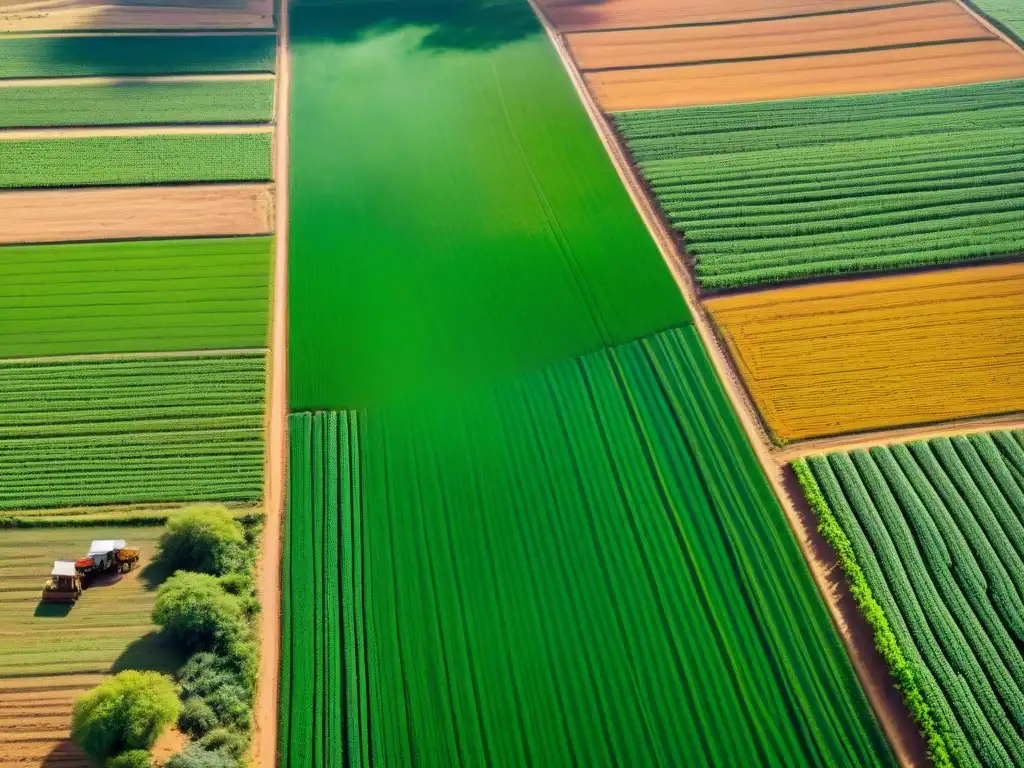 Idílica vista aérea de extensos campos verdes en África con agricultores tradicionales y animales domésticos