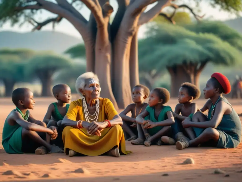 Adaptación de idiomas africanos: anciana comparte historias bajo baobab con niños en escena conmovedora al atardecer