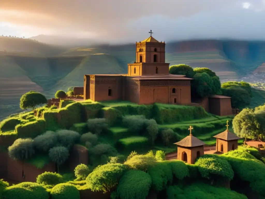 Iglesias esculpidas en roca en Etiopía: Detalle impresionante de la Iglesia de San Jorge en Lalibela, iluminada por el sol