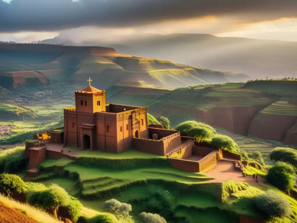 Iglesias esculpidas en roca en Etiopía: vista impresionante de la icónica Iglesia de San Jorge en Lalibela al atardecer