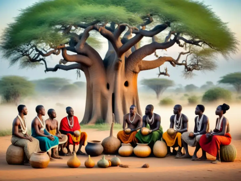 Una ilustración detallada de principios democráticos en el gobierno africano precolonial, con una vibrante reunión bajo un baobab