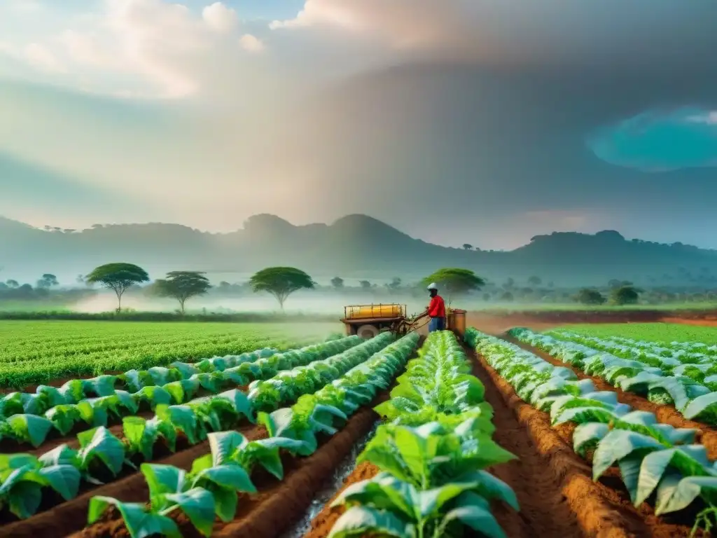 Imagen de agricultura revolucionaria en África con granja vibrante, diversidad y tecnología innovadora