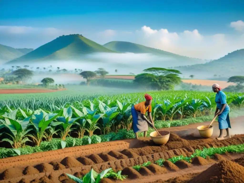 Una imagen de Agricultura tradicional en África: campesinos cultivando un campo exuberante con maíz y yuca, en un paisaje africano impresionante