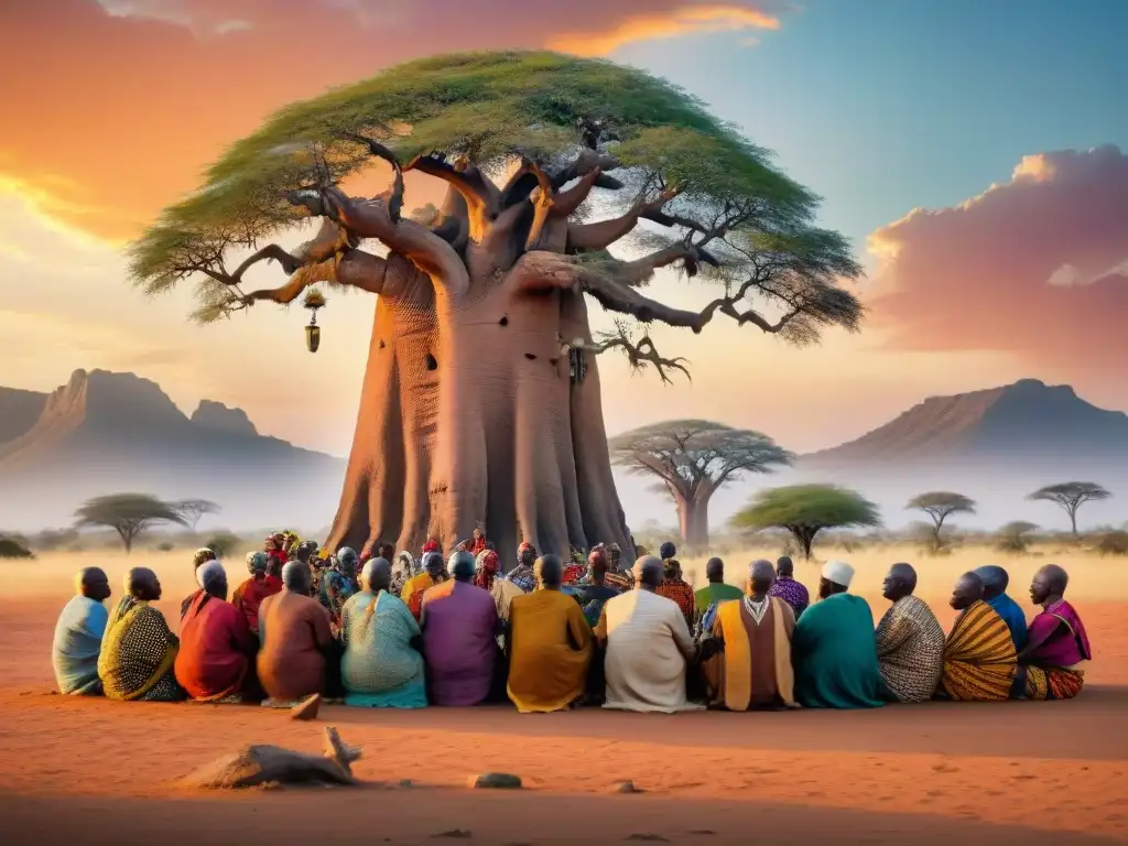 La imagen muestra ancianos africanos bajo un baobab, rodeados de comunidad