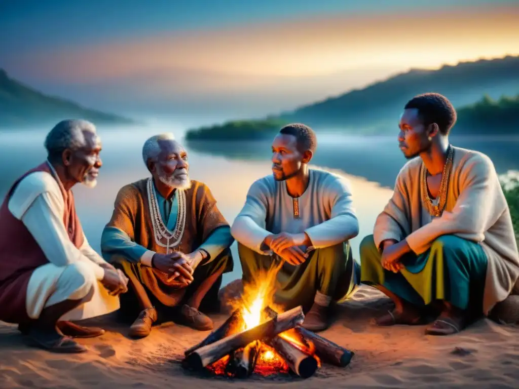 Una imagen de ancianos africanos reunidos alrededor de una fogata bajo un cielo estrellado, con expresiones de sabiduría y contemplación