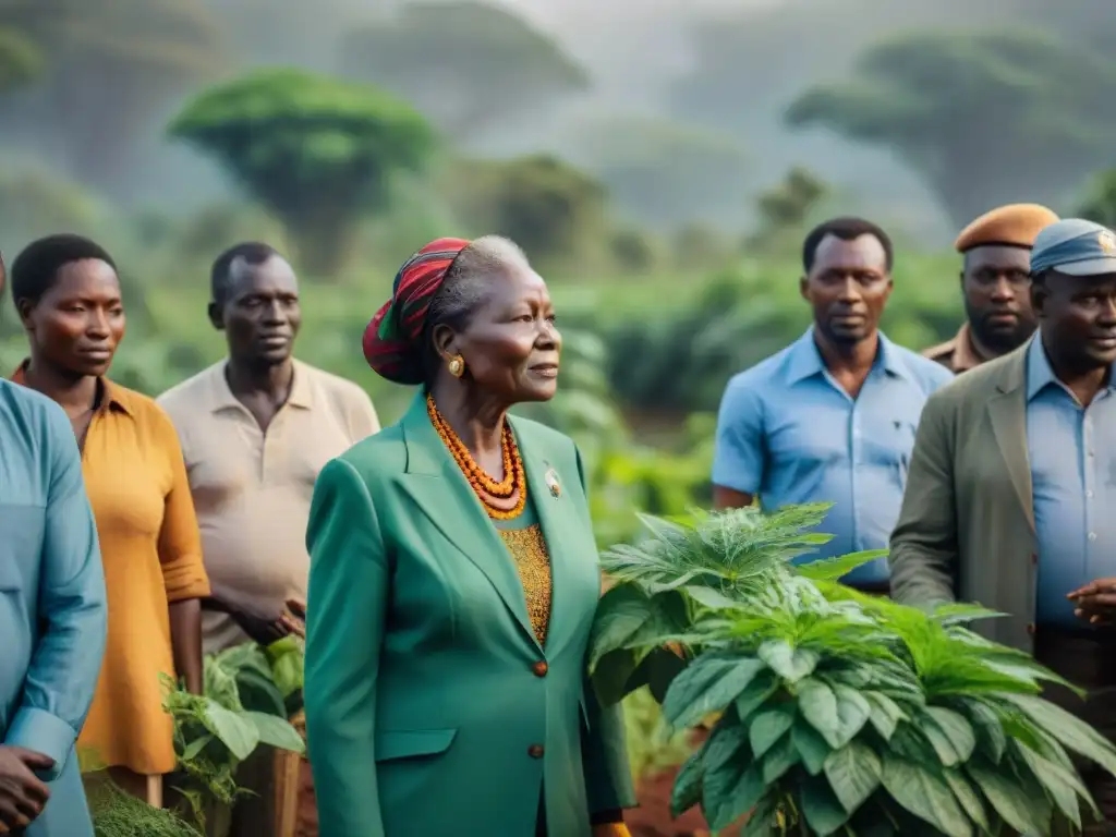 Imagen de Wangari Maathai plantando un árbol con comunidad en bosque verde, símbolo de Historia Africana para Activismo Ecológico