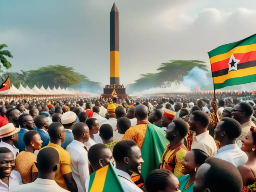 Una imagen en blanco y negro detallada de la multitud celebrando la Independencia de Ghana en Plaza de la Independencia el 6 de marzo de 1957