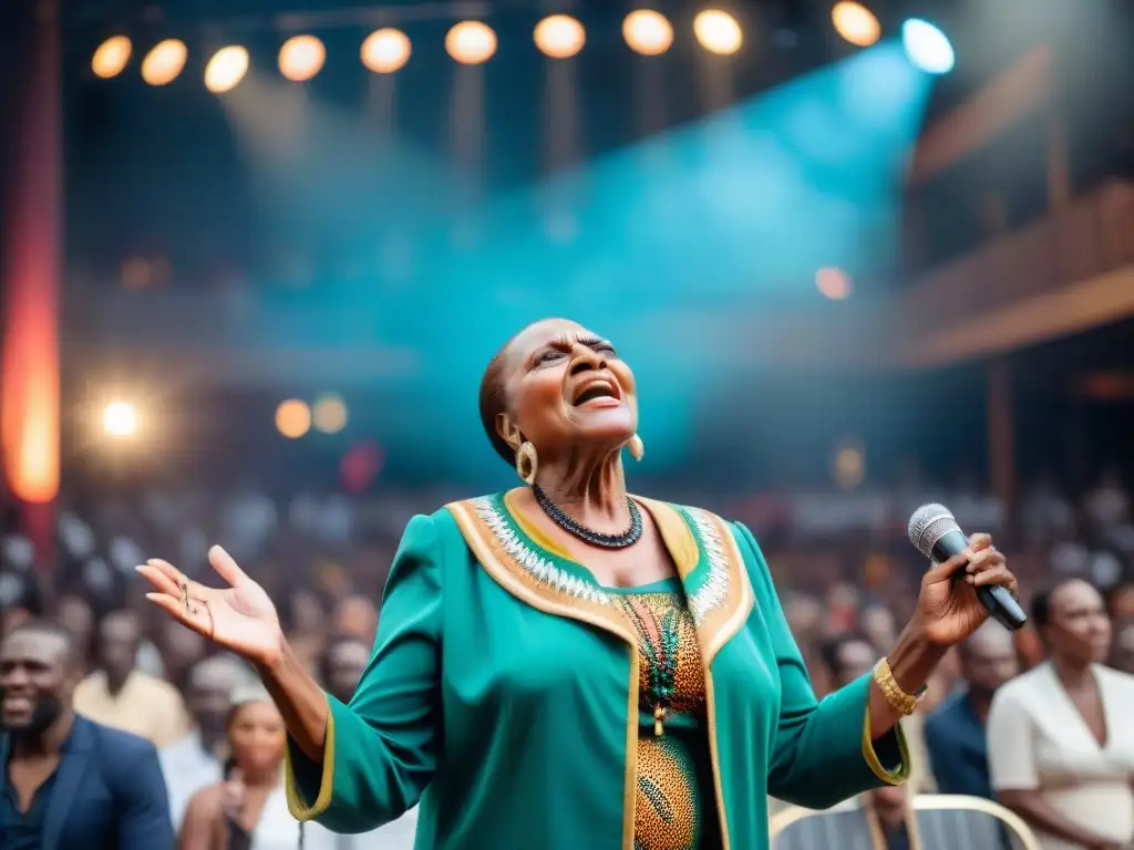 Una imagen de Miriam Makeba, icónica cantante sudafricana y activista, actuando frente a un público diverso y entregado