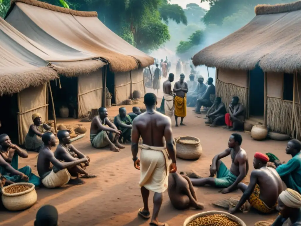 Mercado de esclavos en África Central: escena detallada y conmovedora Vivid imagen del comercio de esclavos en África: mercado bullicioso, esclavos encadenados y chozas tradicionales entre la densa vegetación