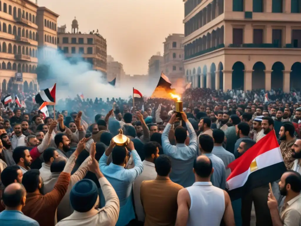 Una imagen detallada de la Revolución de 1952 en Egipto, con manifestantes apasionados en la Plaza Tahrir