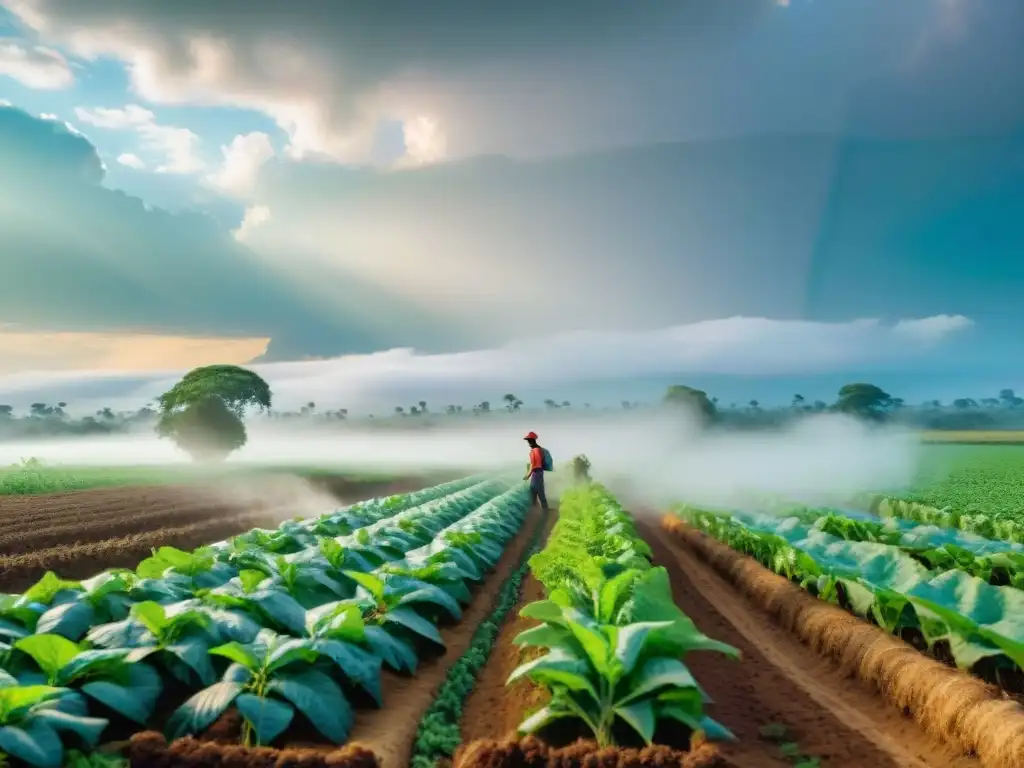 Una imagen detallada de agricultores africanos practicando Técnicas agrícolas africanas innovadoras en un campo exuberante y vibrante