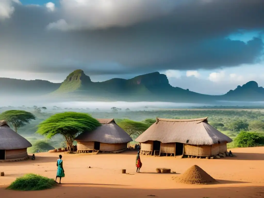 Una imagen detallada de una aldea africana tradicional con arquitectura vernácula única, resaltando la resistencia y diseño