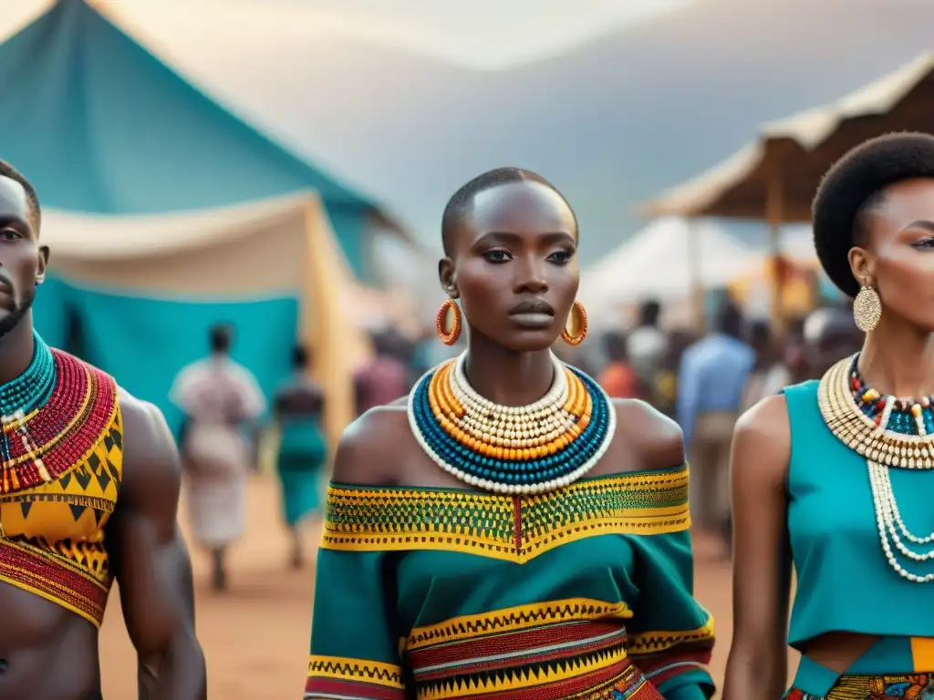 Una imagen detallada de un bullicioso mercado en África, con moda africana contemporánea influencia global