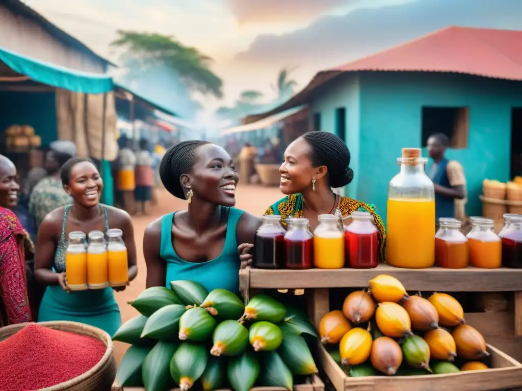 Una imagen detallada de un bullicioso mercado en África, con una variedad de Bebidas tradicionales africanas populares