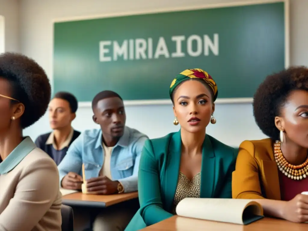 Una imagen detallada de estudiantes diversos disfrutando del cine africano en clase