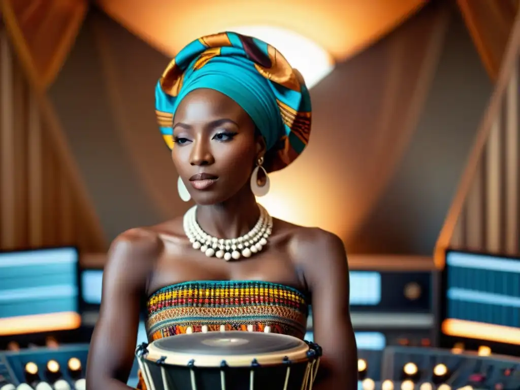 Una imagen detallada de Fatoumata Diawara, músico maliense, en estudio rodeada de instrumentos africanos