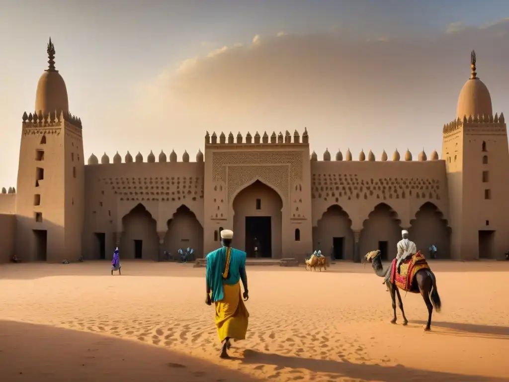 Una imagen detallada de la Gran Mezquita de Djenné en Mali, rodeada de un bullicioso mercado bajo el sol sahariano