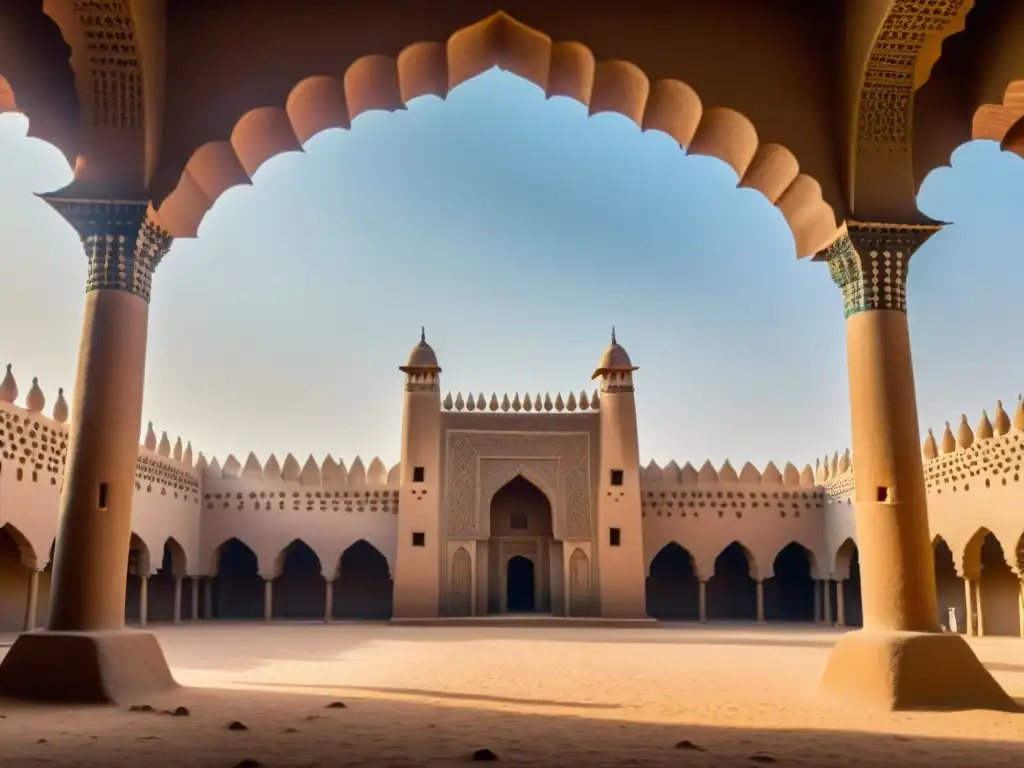 Una imagen detallada de la Gran Mezquita de Djenné en Mali, con su arquitectura de ladrillo de barro, minaretes imponentes y patio animado