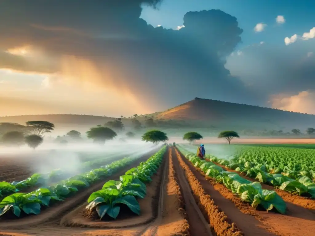 Imagen detallada de granjeros africanos trabajando bajo el sol abrasador, demostrando adaptaciones económicas climas extremos África