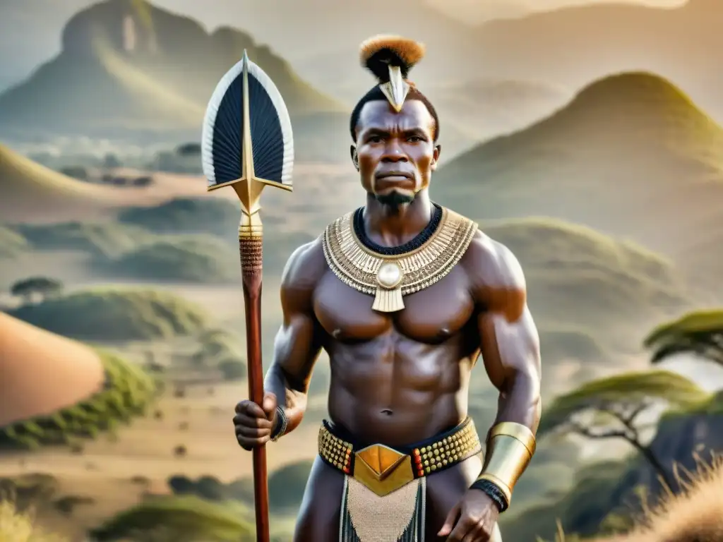 Imagen detallada de Shaka Zulu, rey legendario, con atuendo guerrero, reflejando poder y riqueza cultural en paisaje africano