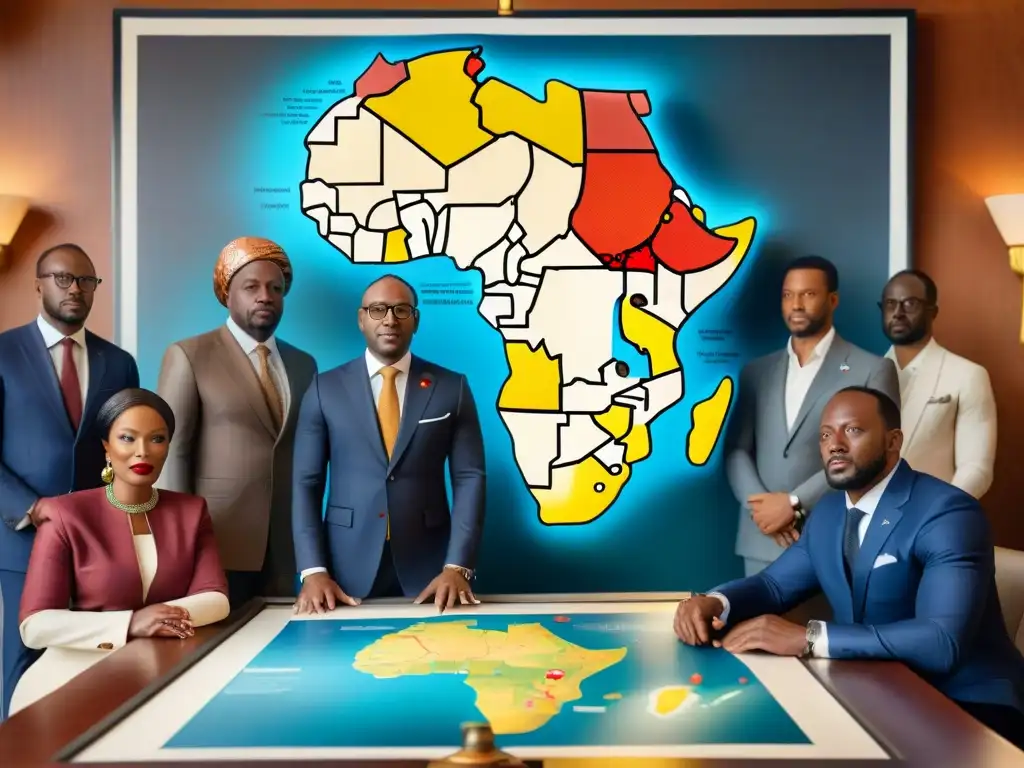 Una imagen detallada de líderes africanos reunidos alrededor de un antiguo mapa de África, discutiendo con determinación