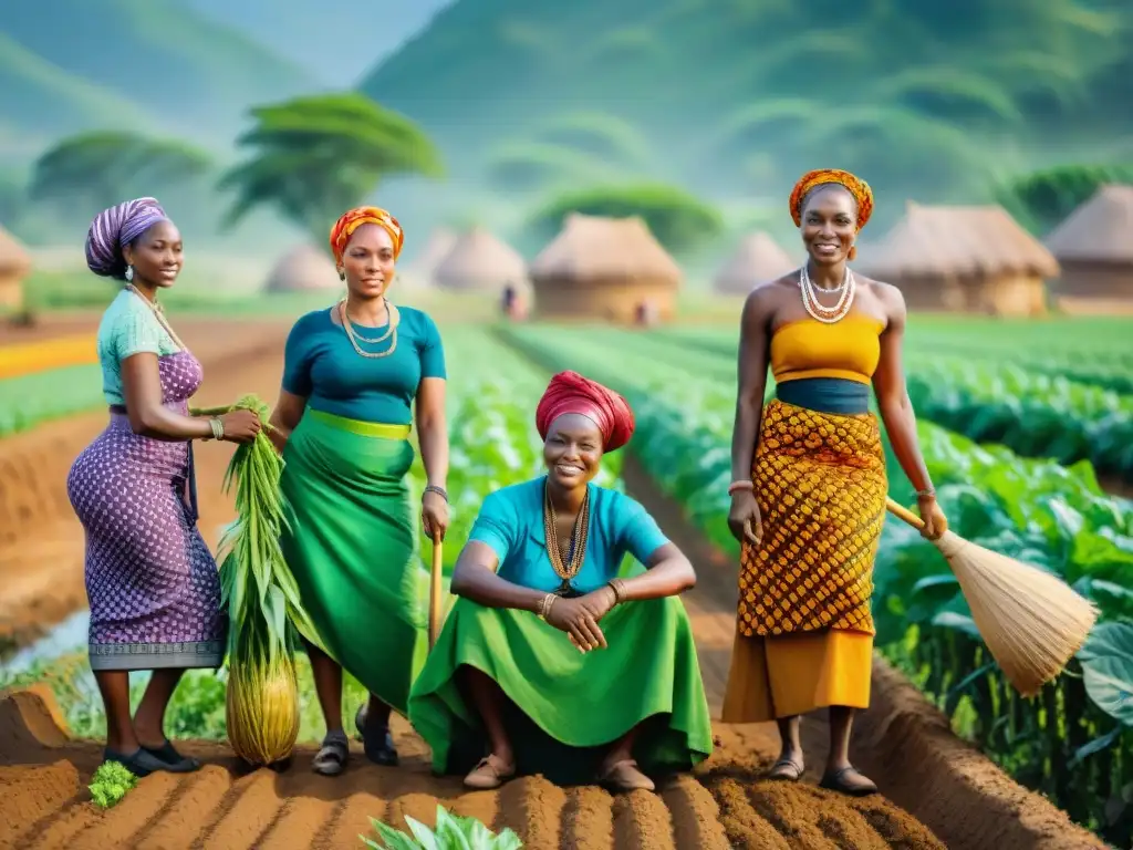 Imagen detallada de mujeres africanas en roles de género en África colonialismos, cultivando en comunidad bajo el sol abrasador