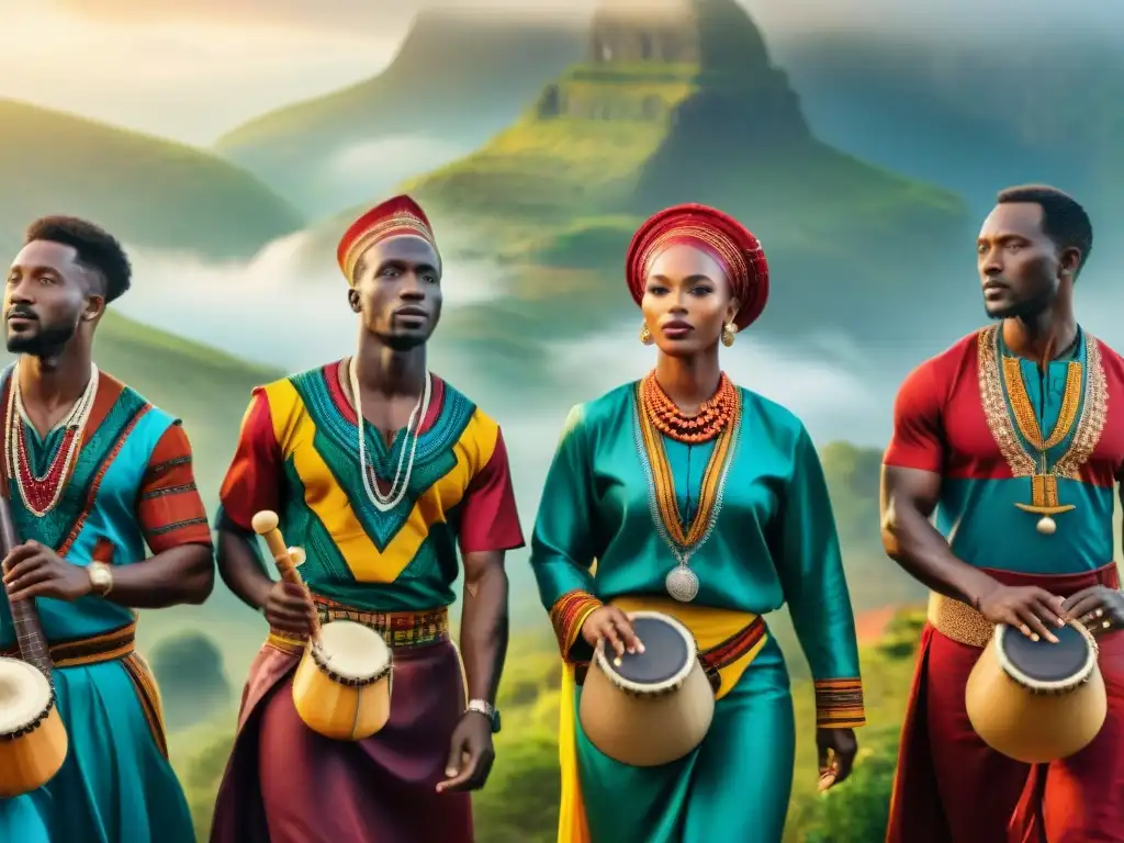 Una imagen detallada en 8k de músicos africanos tocando instrumentos tradicionales y vistiendo atuendos culturales coloridos