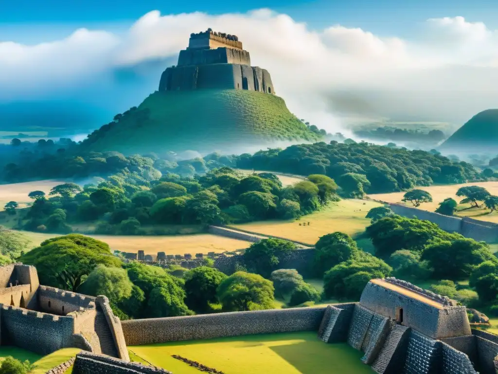 Imagen detallada de la próspera ciudad de Gran Zimbabue en su apogeo, con imponentes murallas de piedra, arquitectura intrincada y escenas culturales vibrantes, rodeada de exuberante vegetación y colinas, bajo un cielo azul despejado