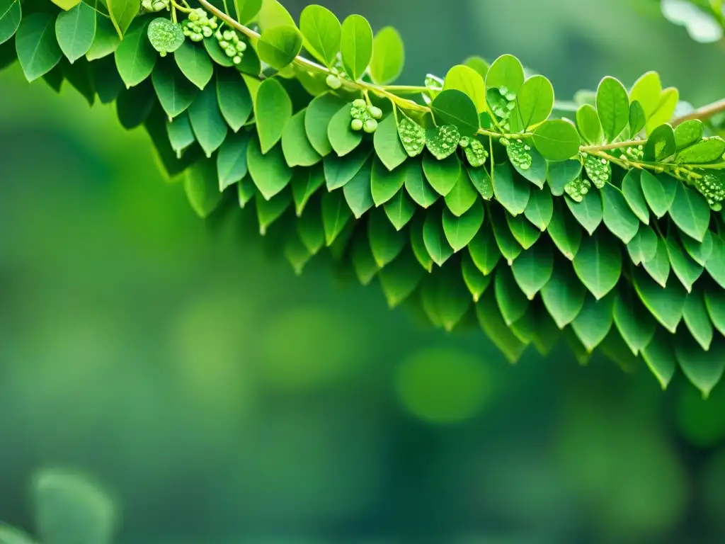 Una imagen detallada y realista de hojas de moringa frescas y vibrantes, con patrones intrincados y venas delicadas en tonos verdes