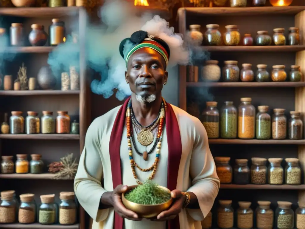 Una imagen detallada de un sanador africano tradicional rodeado de hierbas y raíces, transmitiendo sabiduría antigua y tradiciones de curación