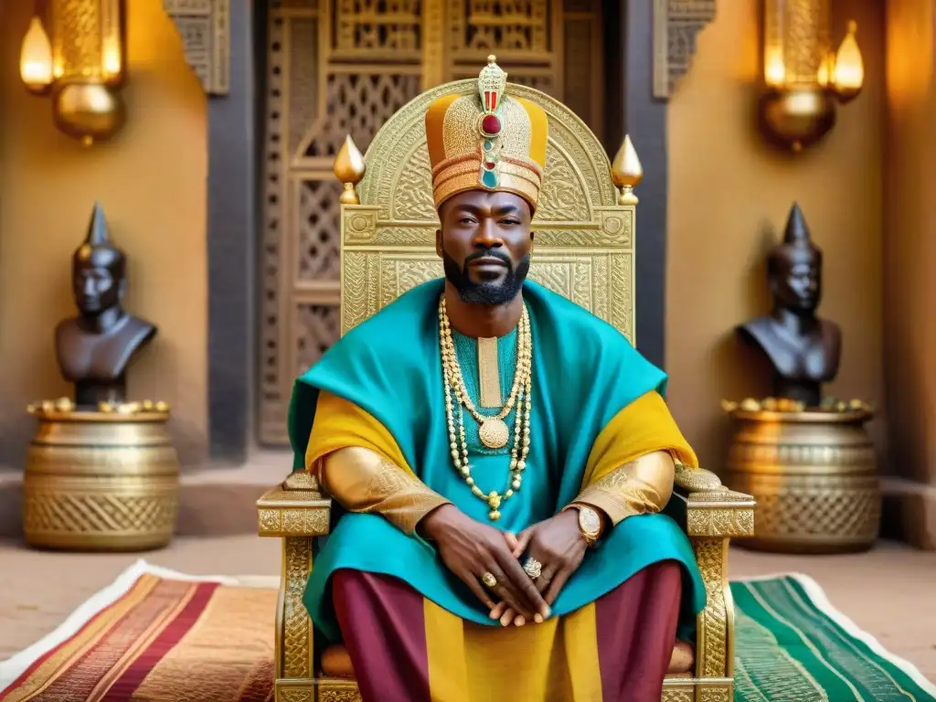 Imagen detallada de Mansa Musa en trono dorado rodeado de lujo y tesoros, simbolizando la prosperidad de la Ruta africana seda intercambios culturales